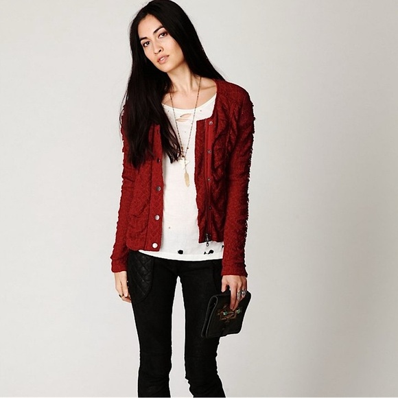 Free People Sweaters - Really hot! Free People Ruched Cardinal Red Button Zipper Cardigan Boho vibes